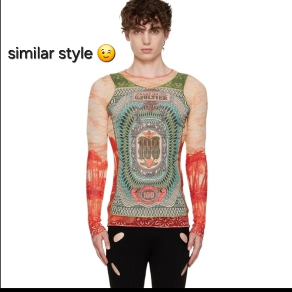 Bank Note Tatoos Nylon Mesh Crop Top M Long Sleeve Punk Goth Streetwear - Picture 2 of 8